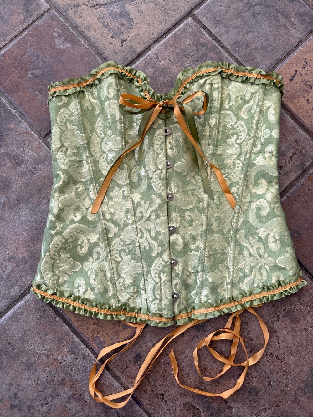 Green Brocade Lace-Up Corset Top - Unbranded